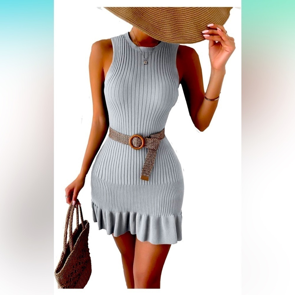 Sleeveless Sweater Dress Crochet Ribbed Knit Ruffle Hem Bodycon
8027